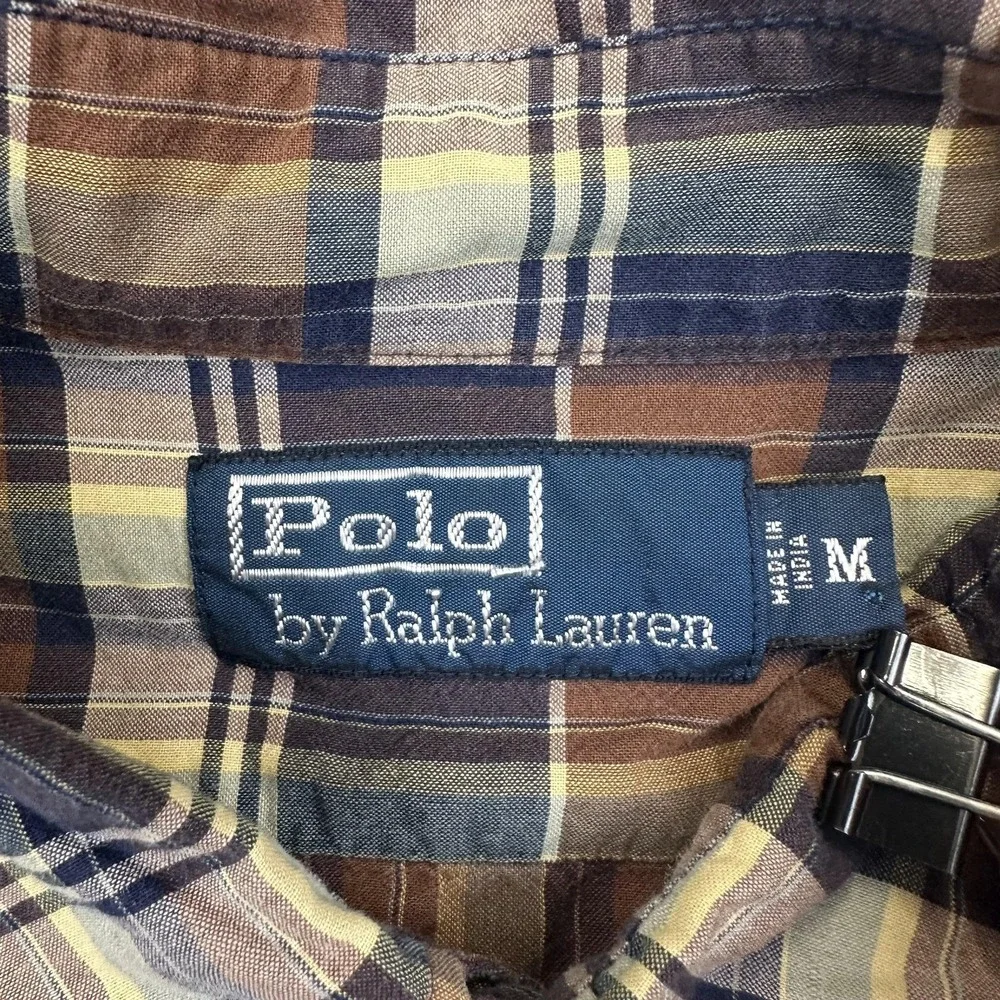 Polo Ralph Lauren Shirt Mens Medium Brown Blue Plaid Short Sleeve Button Up‎